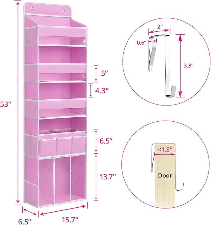 Door Hanging Storage Organizer with 3Bins1 Movable Baby Diaper Caddy,1Large capacity diaper stacking storage Organizer,10Side Pockets,Suitable to Store All Items,Bedroom Nursery Essentials. (Pink)