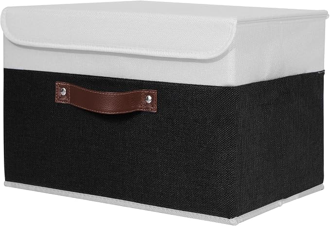 ANMINY Storage Boxes with Lids Washable Decorative Storage Bins Basket with PU Leather Handle Foldable Linen Fabric Storage Cubes Containers for Home Closet Organizer - Black White, Medium