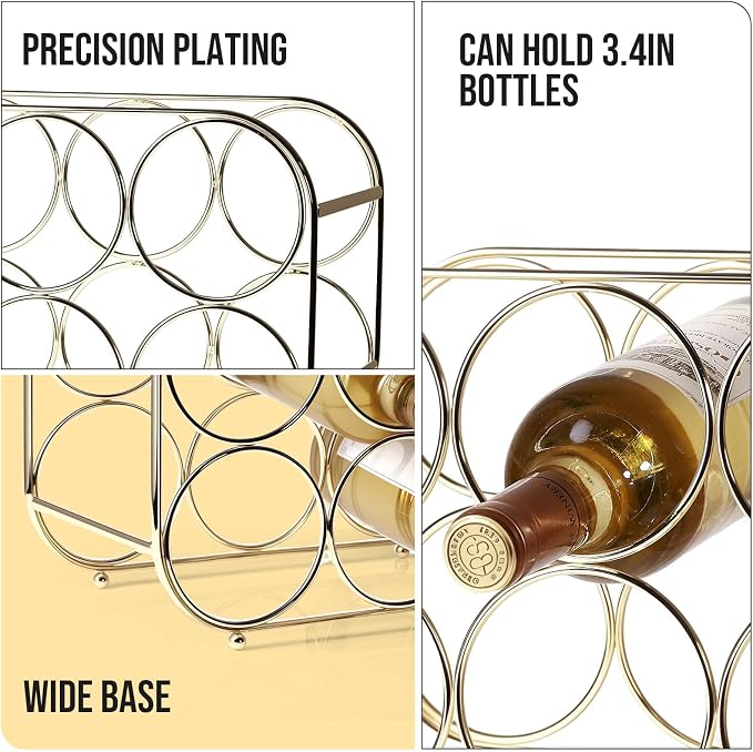 Countertop Wine Rack - 6 Bottle Freestanding Modern Gold Metal Small Wine Rack - Tabletop Wine Holder Stand for Cabinet, Pantry, Wine Bottle Storage