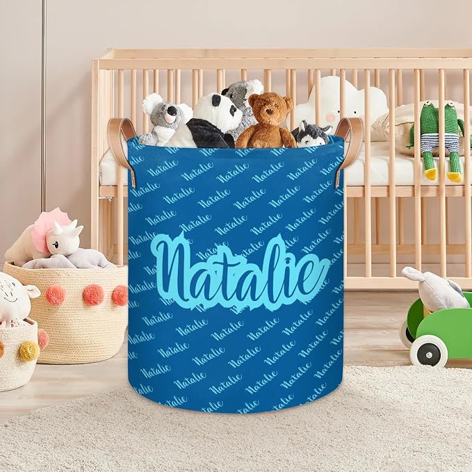 Personalized Laundry Basket, Custom Gift Laundry Hamper, Collapsible Nursery Waterproof Laundry Baskets, Dirty Clothes Toy Hamper with Handles Name Text Blue