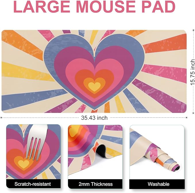L-SPOUTTO Cute Heart Desk Mat for Keyboard and Mouse,XXL Gaming Mouse Pad | 35.4x15.7in Large Non-Slip Keyboard Pad Waterproof Desktop Mat for Laptop Computer Work Game Home Office