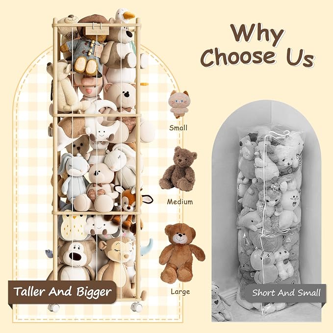 Stuffed Animal Storage Zoo with Wheels,Montessori-Inspired Solid Pine Wood Plush Toy Organizer,Extra Tall Stuffed Animal Holder with Thick Elastic Cords for Nursery,Kids Room and Bedroom,Extra Large