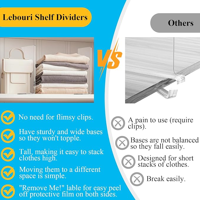 Clear Acrylic Shelf Dividers Closet Organizers for Organization Enthusiasts | 10" Tall Sturdy Closet Shelf Dividers for Clothes Purse Towel - Shelf Separators for Bedroom Kitchen Office Space Saver