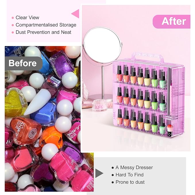 Beloving Nail Polish Organizer Pack of 2, Portable 48 Bottles Clear Nail Polish Holder with Adjustable Divider, Gel Nail Polish Storage Double Side Nail Polish Organizer Case for Nail Tech Pink