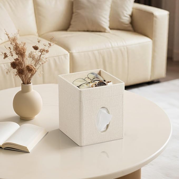 Tissue Box Cover, PU Leather Square Tissue Box Holder with Storage Tray for Bathroom Vanity Countertop Night Stands Bedroom Office Desk, Stylish Tissue Holder Decorative Organizer (Linen)