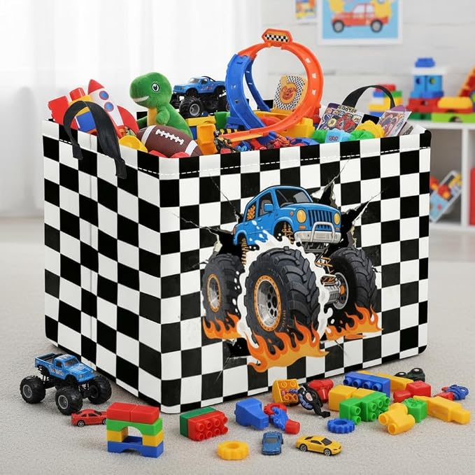 Rectangular Baby Kids Storage Basket for Home Kitchen Girls Cute Toy Storage Bin Organizer Shelf Book Room Decor(Checkered Truck)