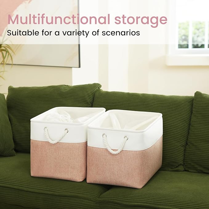 16x12x12 In Foldable Fabric Large Storage Bins with Handle 3 Pack | Storage Basket with Draw String Top, Sturdy Metal Strand, Cardboard Support Molding, for Shelf, Closet, Bedroom, White/Pink