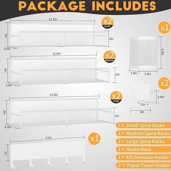 Magnetic Spice Rack for Refrigerator, 10 Pack Metal Magnetic Shelf, Moveable Spice Organizer with Hook Rack, Paper Towel Holder, Kitchenware Holder, Strong Magnetic Storage Fridge Organizer White