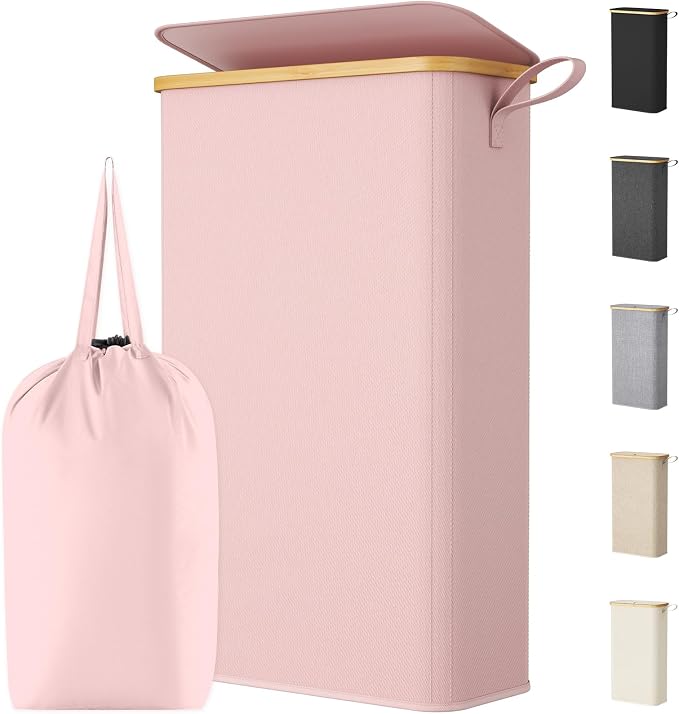 Lifewit 65L Slim Laundry Hamper with Lid, Narrow Laundry Basket with Removable Bag & Bamboo Handles, Fodable Thin Dirty Clothes Hamper for Laundry Collapsible Bin for Bathroom Bedroom Dorm, Pink