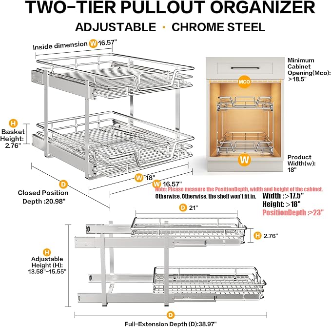 2-Tier Kitchen Cabinet Pull Out Shelf and Drawer Organizer Slide Out Pantry Storaqe Basket in Multiple Sizes (18" W x 21" D)