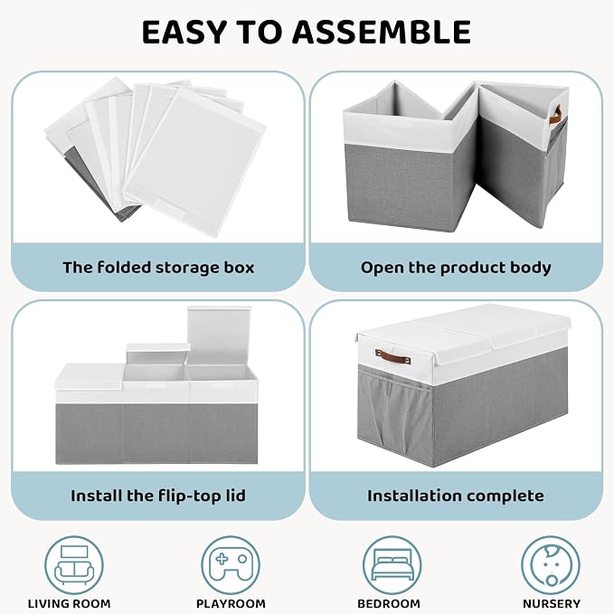 Extra Large Foldable Toy Chest with Lid,Collapsible Kids Toy Storage Box Organizer,Large Fabric Storage Bin for Nursery Playroom Bedroom Living Room,40”x18”x14”,White & Grey