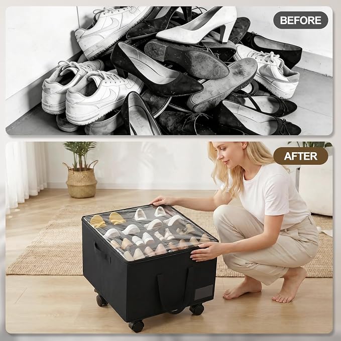 2 Pack Large Shoe Organizer for Closet, 32 Pairs Shoe Storage Box with 360° Wheels & Reinforced Handles, Adjustable Dividers, Clear Cover, Side Pocket, Foldable Oxford Fabric Bin for Entryway, Black