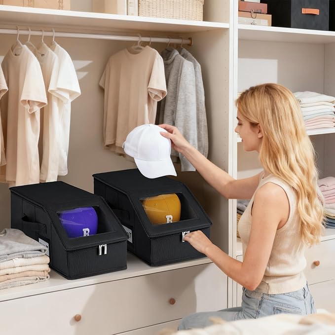 Dofilachy 4 Pack Stackable Hat Storage for Baseball Caps, Holds 56 Caps - Closet Organizer Box with Clear Window & Cardboard，Sturdy Snapback Hat Boxes for Home Storage (dark, 4)