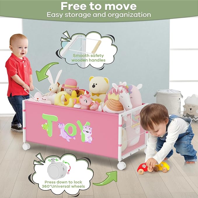 120L Kids Extra Large Toy Box with Wheels & Handle, 33.1” x 16.5” x 14.6” Big Toy Chest for Boys Girls, Toy Storage Organizer for Living Room Area, Playroom(Pink, 1PC)