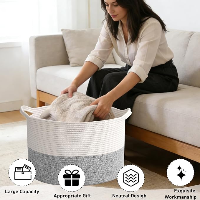 90L Extra Large Blanket Basket,Woven Rope Laundry Basket Hamper with Handles, Decorative Nursery Basket Storage Bin for Toys, Clothes Organizer, Living Room, Bedroom, Bathroom, White&Grey