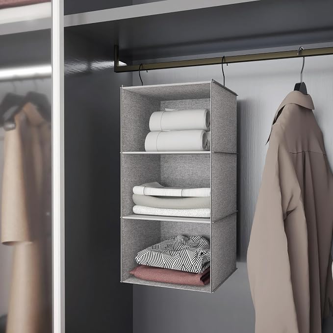 Hanging Closet Organizer 3-Shelf, Oxford Linen Wardrobe Storage, Gray | Easy-mount foldable design holds clothes, handbags, shoes & accessories; washable Oxford fabric, sturdy and space-saving.