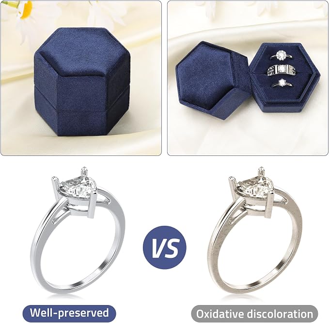 WantGor Velvet Jewelry Ring Box, 3 Slots Hexagon Ring Gift Box Ring Holder | Vintage Ring Display Case for Wedding Ceremony Proposal Engagement (Navy Blue, 3 Slots)