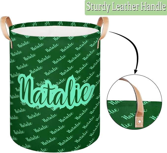 Personalized Laundry Basket, Custom Gift Laundry Hamper, Collapsible Nursery Waterproof Laundry Baskets, Dirty Clothes Toy Hamper with Handles Name Text Green