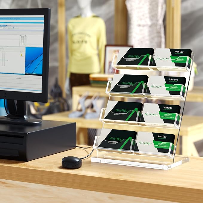 HIIMIEI Business Card Holder Desk, Acrylic Business Card Display, 4 Tier Clear Business Card Stand for Office, Exhibition, Meeting, Home, 480 Card Capacity