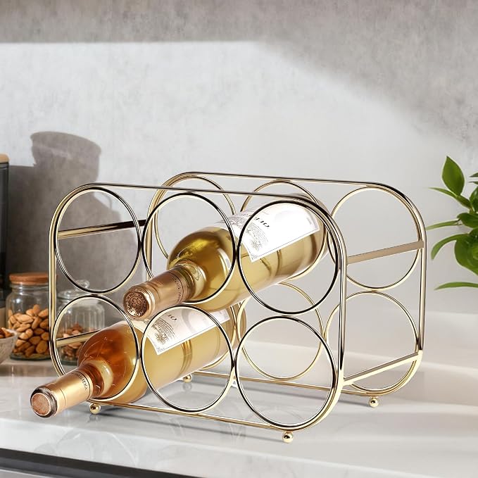 Countertop Wine Rack - 6 Bottle Freestanding Modern Gold Metal Small Wine Rack - Tabletop Wine Holder Stand for Cabinet, Pantry, Wine Bottle Storage
