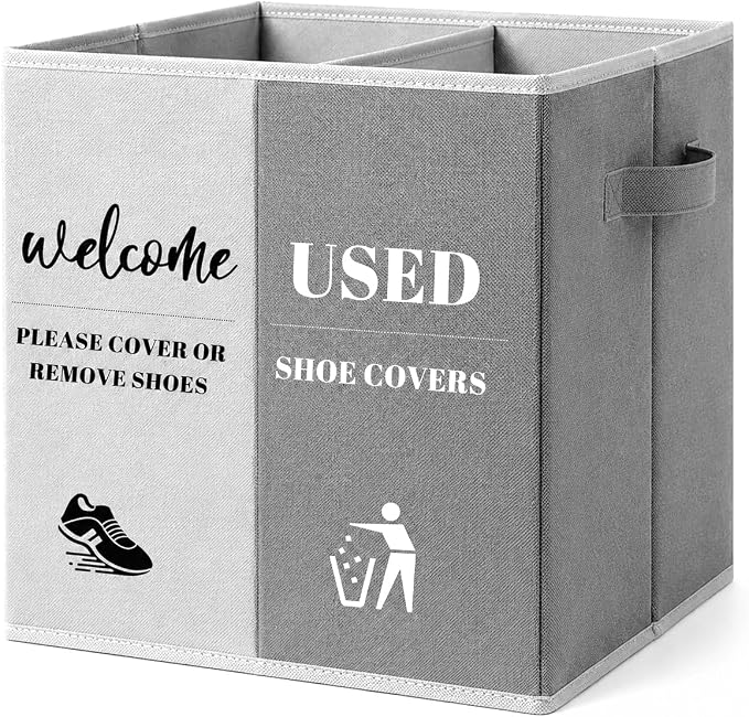 Shoe Cover Box with Door Hanging Sign – Foldable Double Compartment Storage Bin, Freestanding Dispenser Organizer for Home, Office, Entryway (White Gray)