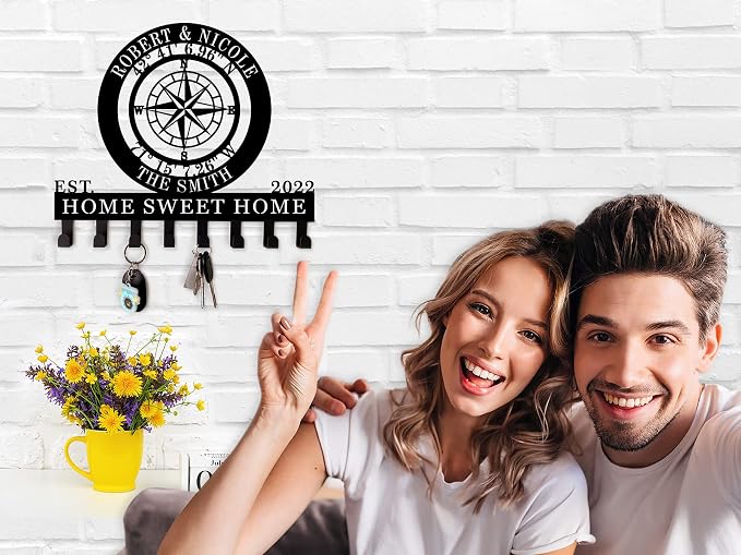 Key Holder for Wall with Nautical Compass GPS Coordinates, Key Hanger Decor for Kitchen, Entryway, Hallway, Office, Doorway Housewarming Gifts New Home