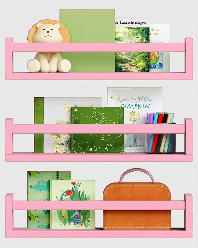 Harwaya Pink Nursery Floating Shelves for Wall Set of 3, Baby Girls Room Wall Book Shelves for Kids Bedroom, Corner Bookshelf for Toddler Children Bathroom Decor and Toys Organizers and Storage