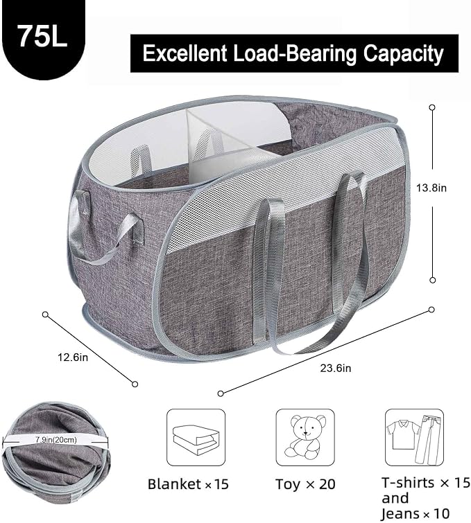 Collapsible Laundry Baskets, 2 Compartment Pop Up Mesh Hamper Foldable 75L Large Capacity Dirty Cloths Basket, Lightweight Foldable Laundry Basket for LaundryRoom, Bathroom or Travel (Grey)