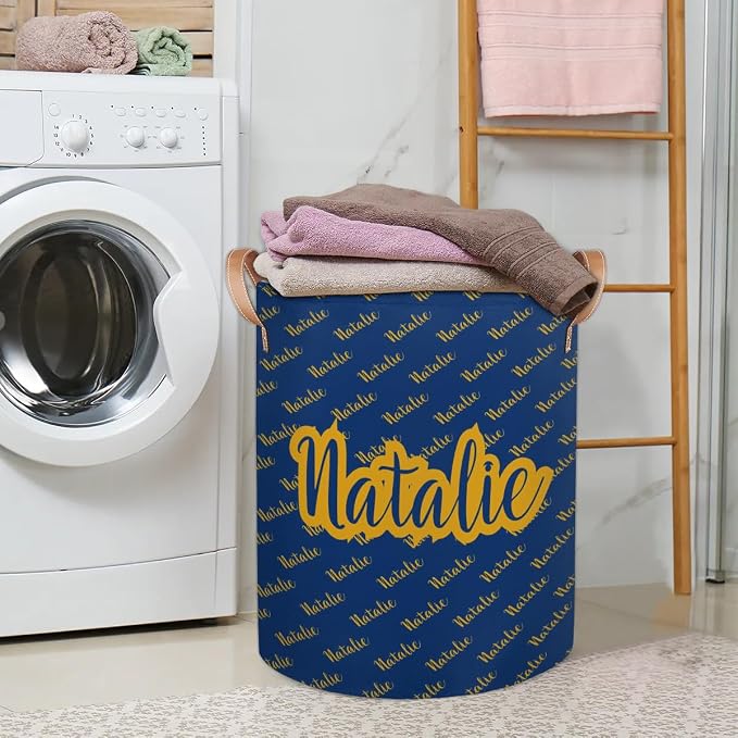 Personalized Laundry Basket, Custom Gift Laundry Hamper, Collapsible Nursery Waterproof Laundry Baskets, Dirty Clothes Toy Hamper with Handles Name Gold Blue