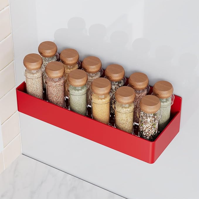 Mystozer Magnetic Spice Rack for Refrigerator, Kitchen Organizer and Storage Shelf, Red (4 Pack)…