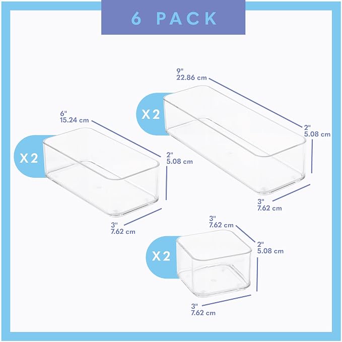 primebox Six Pieces - Clear Plastic Drawer Organizer Bins - Stackable, Non-Slip, 3 Sizes