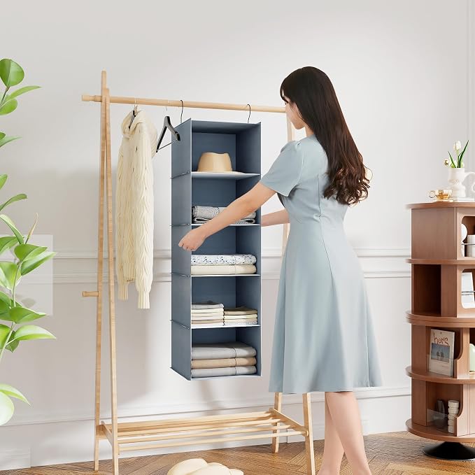 Hanging Closet Organizer 5-Shelf, Oxford Fabric Wardrobe Storage, Gray | Easy-mount foldable design holds clothes, handbags, shoes & accessories; washable Oxford fabric, sturdy and space-saving.