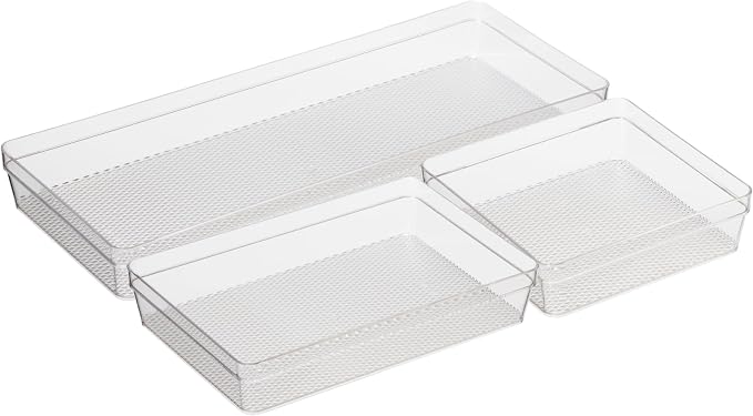 Oggi Set of 3 Clear Drawer Organizers - (1) 6x6.25, (1) 6.25x9.25, (1) 6.25x15.75 - Ideal for Organizing Kitchen Drawers, Office, Desk, Silverware, Kitchen Utensils, Cosmetics and Bathrooms