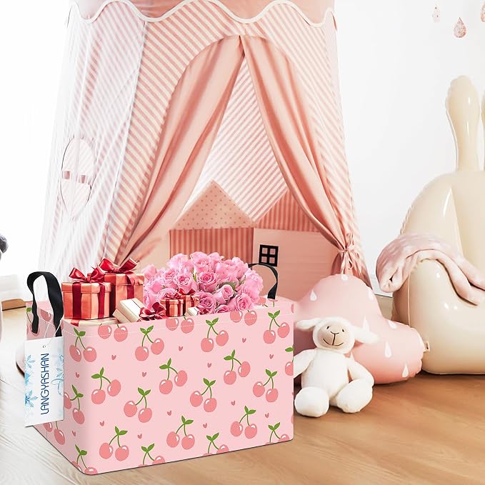 Rectangular Collapsible Pink Cherry Storage Basket Nursery Toy Organizer | Storage Bin Foldable Canvas with Handles for Organizing Home Kitchen Children Toys Office Closet Shelf Baskets