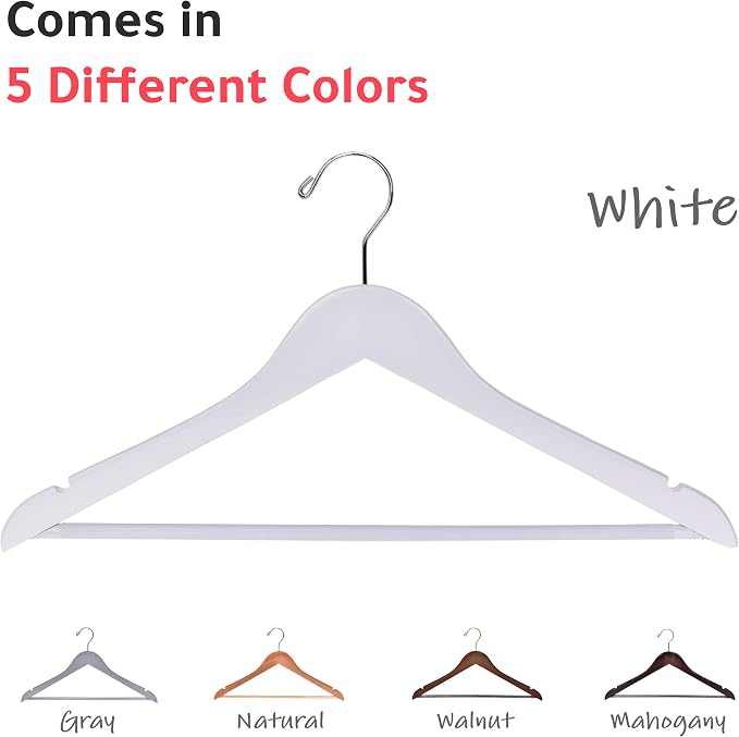 Quality Wooden Suit Hangers with Non Slip Pants Bar, 20 Pack, Smooth Finish Solid Wood Coat Hanger with Swivel Hook, Jacket, Pant, Dress Clothes Hangers (White, 20)