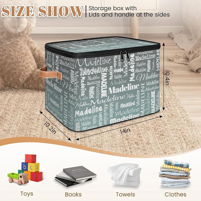 Custom Storage Basket with Name, Personalized Keepsake Box with Zipper Lid, Foldable Fabric Memory Bin Large capacity with Handle Gradient Grey Green