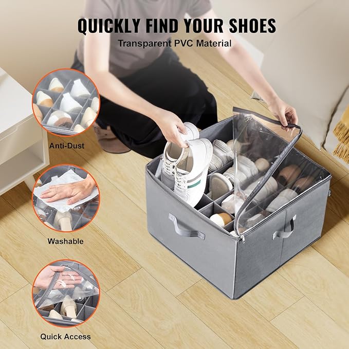 VEVOR Under Bed Shoe Storage Organizer, 1 Pack, 16 Compartments, Underbed Shoe Box Storage Containers Adjustable Dividers, Sandal Organizer Storage with Clear Window, Breathable, Reinforced Handles