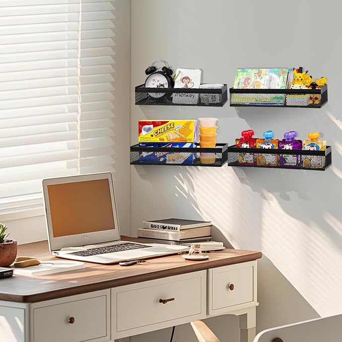Hanging Wall Mount Storage Baskets with Adhesive Hooks & Screwing, Metal Wire Organizer Baskets for Home Decor, Kitchen, Bathroom, Pantry, Laundry, Closet, Garage, RV Black 2 Packs (Netting)
