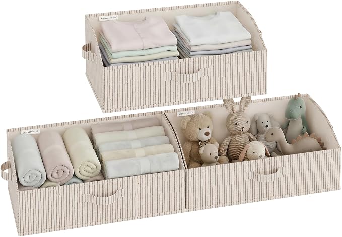 StorageWorks Closet Storage Bins, Trapezoid Organizer Box for Shelves, Fabric Clothes Bin, Foldable Organizing Baskets with Handles, Large, Khaki and Beige Stripes, 3-Pack