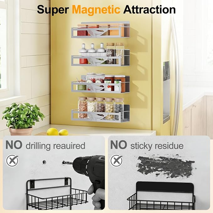 Magnetic Spice Rack for Refrigerator, 4 Pack Metal Magnetic Shelf Organizer for Fridge Side, Strong Spice Storage Rack for Kitchen, Gray
