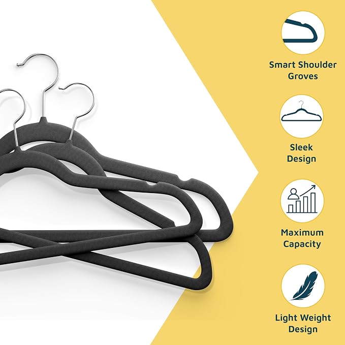 Lifemaster Velvet Non-Slip Plastic Hanger Set - 30 Pieces Non-Slip Clothes Hanger Set with 360° Swivel Hook, Space-Saving, Sleek Design, Smooth Velvet Finish, Lightweight Construction - Black