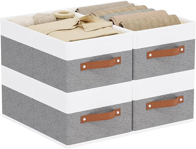 Fabric Storage Boxes,16.1×9.8×6.5In,White/Grey Bins,4Pack | Storage Baskets with Handles,Collapsible Clothing Bins,Fabric Drawers,Closet Organizer for Shelves Wardrobe Bedroom