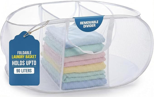 Handy Laundry Collapsible Laundry Basket, 3-Compartment Mesh Laundry Sorter, Foldable Pop Up Hamper with Handles, Space-Saving Durable Organizer for Dorm, Bedroom, Travel, White