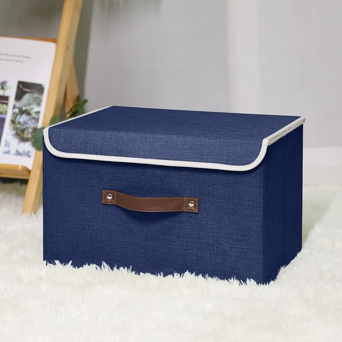 ANMINY Storage Bin with Lid Storage Boxes with PU Leather Handles PP Plastic Board Decorative Foldable Lidded Cotton Linen Fabric Home Cubes Baskets Closet Organizer Container - Blue, Large Size