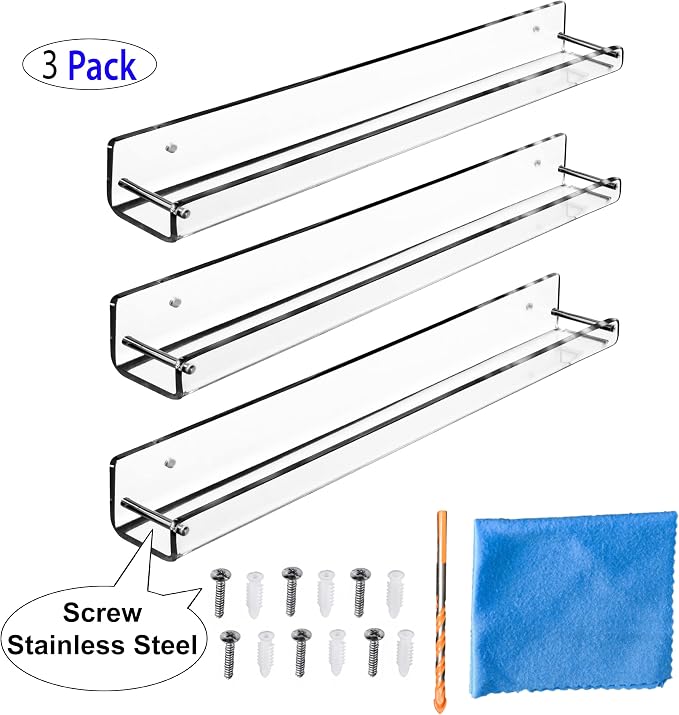 AMT 3 Pack Acrylic Floating Shelves, 15 L x 1.8 W, Clear Bathroom Wall Shelf, Bookshelves, Invisible Display for Office, Bedroom, Small Gap Allows Water to Escape, Free Screws & Drill Bit (Small)