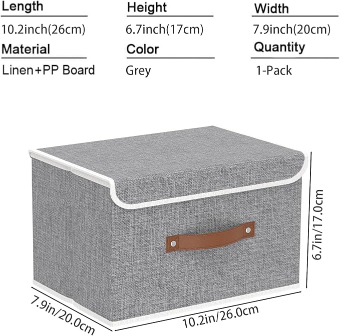 Yawinhe Collapsible Storage Box, Cube Organizer Basket, Fabric Bin with Lids, Washable and Leather Handle for Shelves, Closet, Grey, 10.2x7.9x6.7 In, 1-Pack, SNK024GN-1
