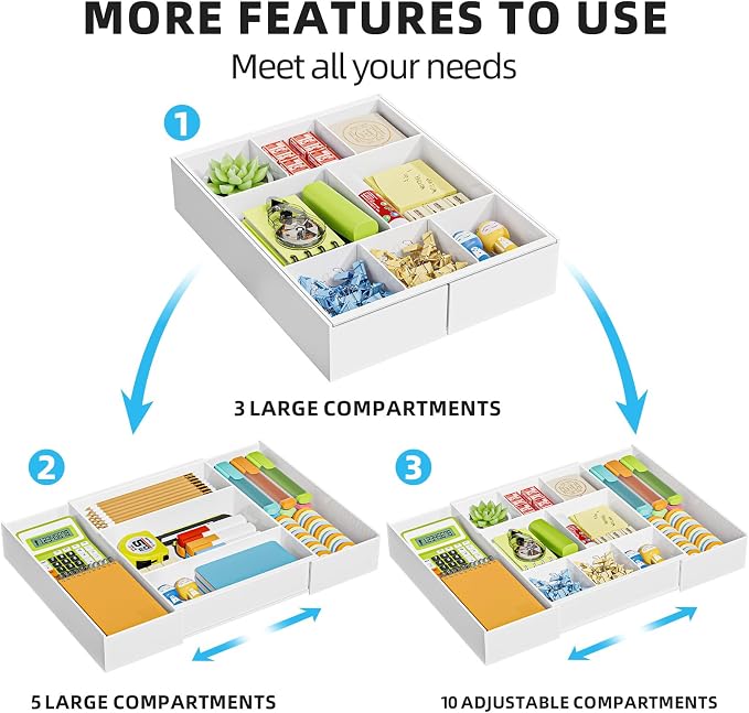 Marbrasse Expandable Desk Drawer Organizer, Clear Plastic Drawer Organizer Tray with 10 Adjustable Compartments, Desk Organizers and Accessories, 5 Drawer Dividers for Office Supplies, Makeup(White)