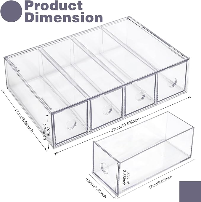 Desk Organizer with 4 Drawers, FODIENS Stackable Desktop Storage Box with Removable Drawer, Clear Sunglasses Organizer Display Case for Stationery Marker Pens Eyeglasses Office Supply