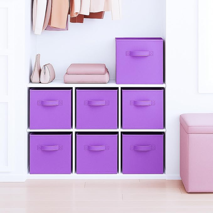 PowerKing Collapsible Storage Cubes with Handles, Fabric Foldable Bins for Closet Shelves, Durable Organization Storage Bins, 10.5'' x 11'' x 10.5'' (6Pack, Violet)