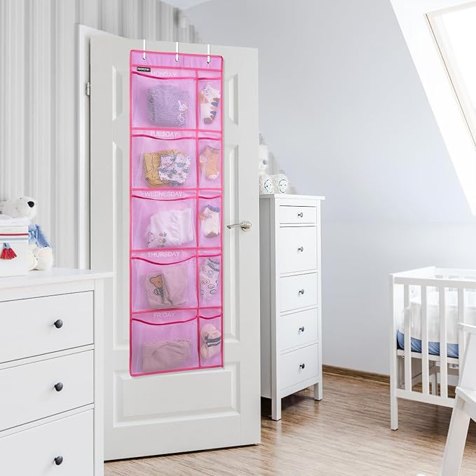 Weekly Kids Clothes Organizer - Day of Week School Clothing Organizer, Monday to Friday Time Save, No Odour, 5-Shelf Hanging Closet Storage (Pink)